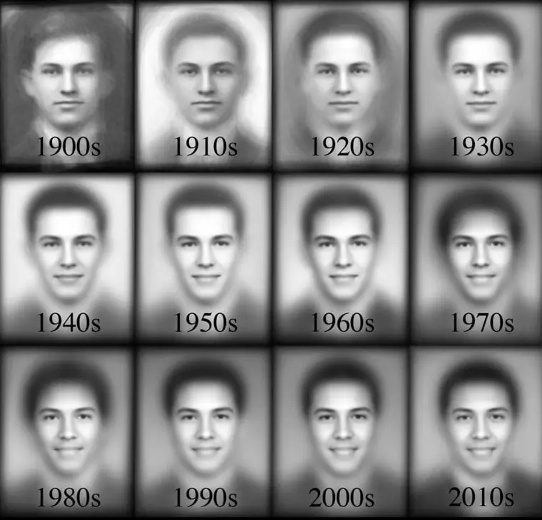 Составные изображения фотографий мальчиков из ежегодников по десятилетиям Составные изображения фотографий мальчиков из ежегодников по десятилетиям