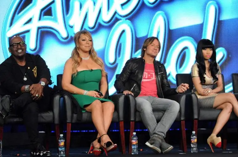 Судьи \American Idol\, слева направо, Рэнди Джексон, Мэрайя Кэри, Кит Урбан и Ники Минаж на панели Fox TCA во вторник Судьи \American Idol\, слева направо, Рэнди Джексон, Мэрайя Кэри, Кит Урбан и Ники Минаж на панели Fox TCA во вторник