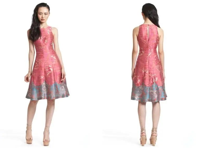 Платье Tracy Reese Pink Wallpaper Combo Frock имеет облегающий расклешенный силуэт с разноцветным подолом