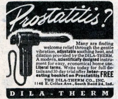 Винтажная иллюстрация о мужском продукте Dila-Therm Prostatitis. Винтажная иллюстрация о мужском продукте Dila-Therm Prostatitis.